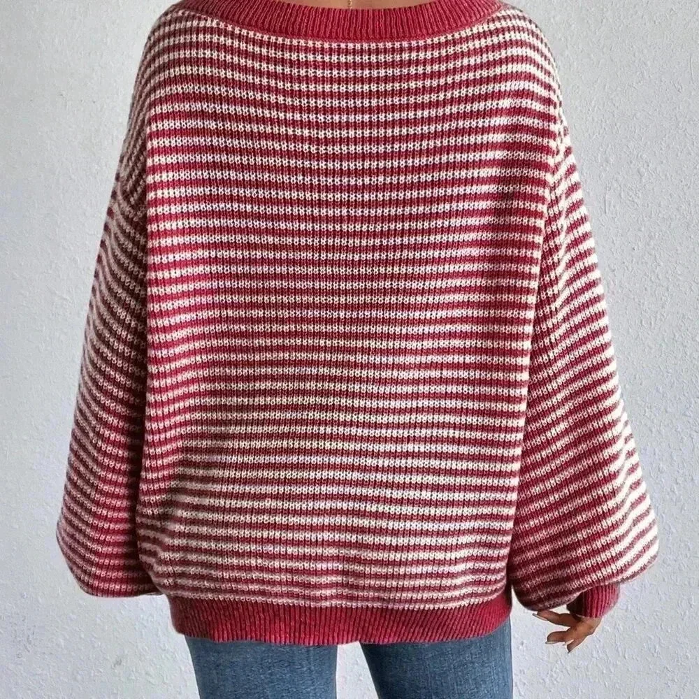 Pink Casual Women's Striped Printed Turtleneck Pullover Sweater